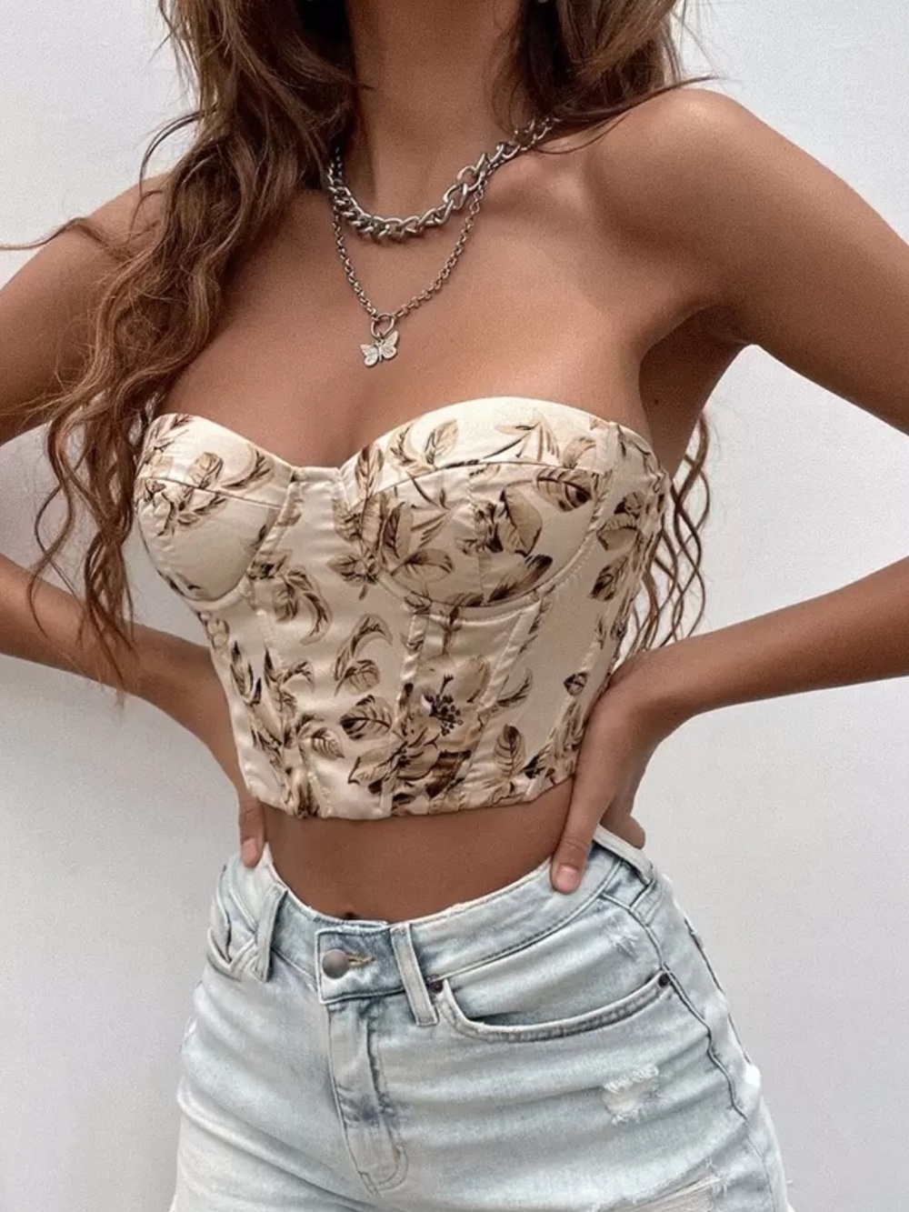 Strapless Floral Sweetheart Bustier Crop Top - Cream